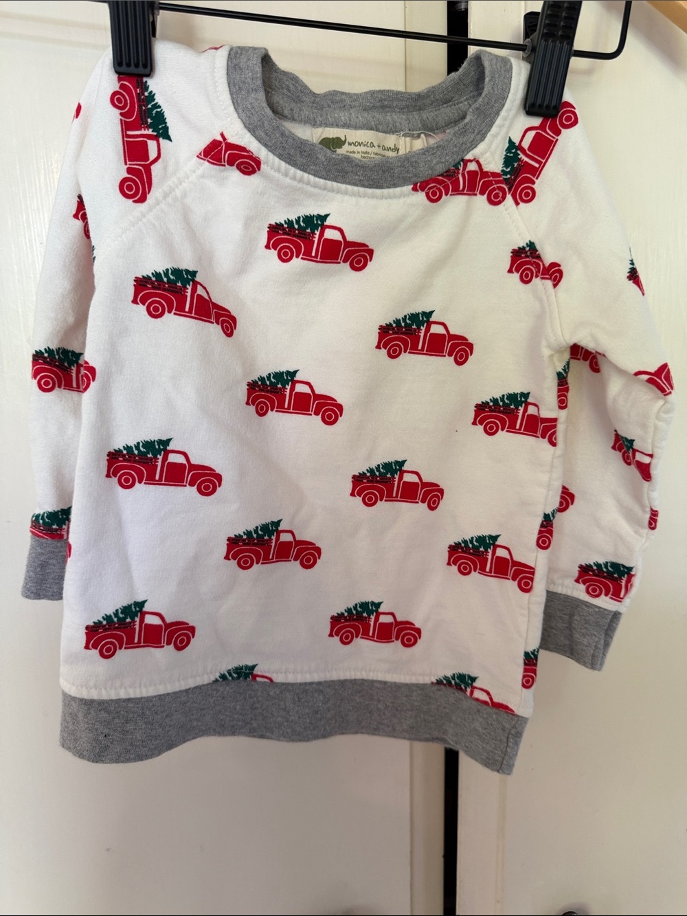 Kids White Sweatshirt with Red Truck Holiday Print and Grey Trim organic cotton